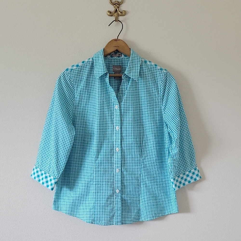 Chico's Teal Gingham Check Wrinkle Resistant Button Down Shirt Size Medium